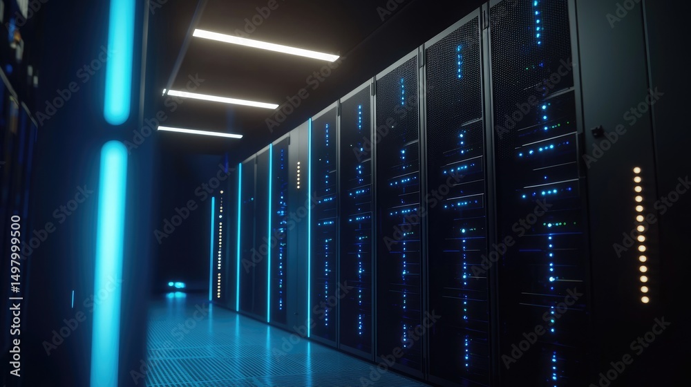 Poster dark modern server room with glowing vertical blue lights, reflective black server racks, and grid f