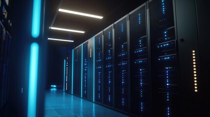 Dark modern server room with glowing vertical blue lights, reflective black server racks, and grid flooring; great for cybersecurity, tech environments, and AI infrastructure use
