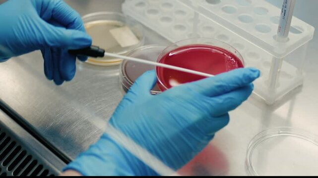 A biotechnologist works with a Petri dish containing a culture medium, using an inoculating loop. Concept microbiological research and innovative methods in working with microorganisms.