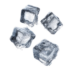 Obraz premium Four translucent ice cubes, slightly wet, scattered against a black background, showcasing their crystalline structure and reflective surfaces