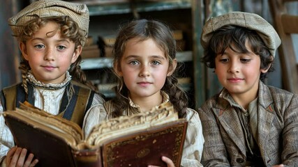Kids in historical outfits filming period drama — Selective focus