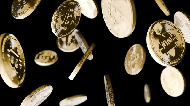 Golden bitcoins swirl on black background. 4k, slow motion.