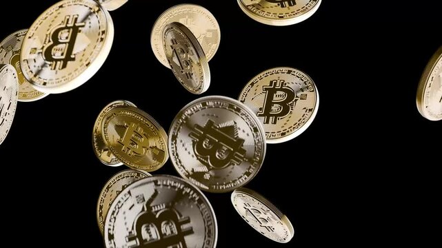 Golden bitcoins swirl on black background. 4k, slow motion.