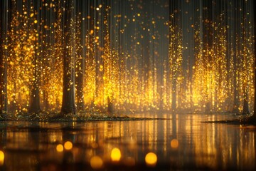 Enchanted golden forest magical sparkling lights