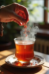 Saffron tea in a traditional glass cup with warm sunlight and aromatic steam