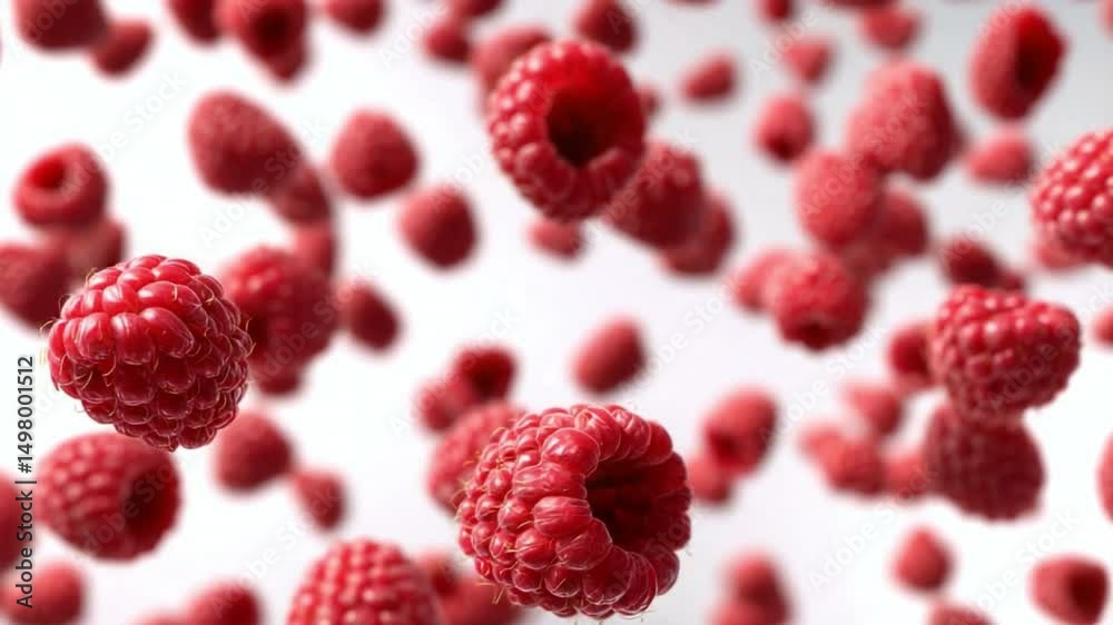 Poster burst of red: a close-up shot capturing a vibrant cascade of fresh raspberries, their succulent text