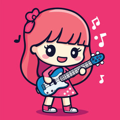 Cartoon girl with pink hair playing a blue electric guitar with musical notes