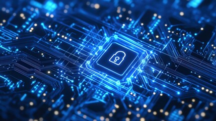 Digital Circuit Board with Glowing Blue Lock Icon Representing Cybersecurity Concept