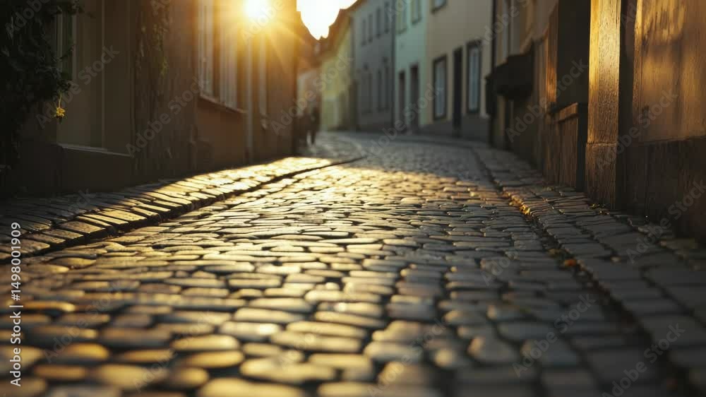 Poster a serene scene of a cobblestone street as the sun sets in the background, great for use in travel or