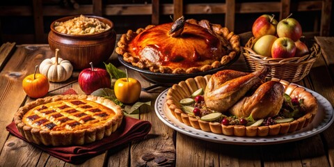 A rustic Thanksgiving table setting with a centerpiece of roasted chicken surrounded by homemade pies, apples, and pumpkins.