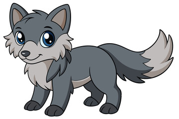 Adorable Cartoon Gray Wolf Puppy Character with Big Blue Eyes and Fluffy Tail