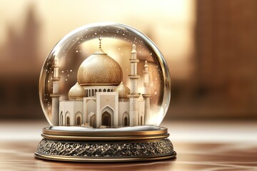 A snow globe, detailed, shows a mosque within
