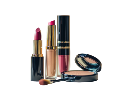 Close-up shot of makeup products two lipsticks (red and pink), a foundation, and a compact powder with a brush, all against a black background, showcasing their textures and colors