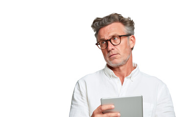 Mature Man with Glasses Pensively Using Tablet Thoughtful Expression White Shirt