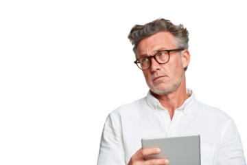 Mature Man with Glasses Pensively Using Tablet Thoughtful Expression White Shirt