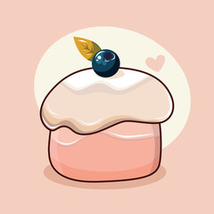 Cute cartoon cake with blueberry topping. Food illustration.