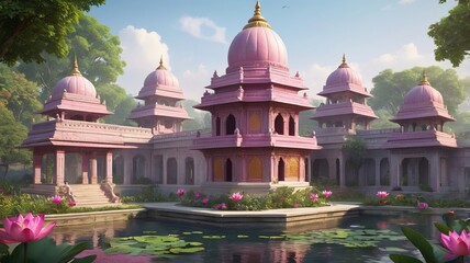 Tranquil ISKCON Landmark Featuring Lotus Flowers and Fountain
