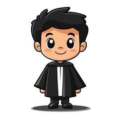 Cartoon Graduate Boy with Black Hair and Gown Smiling with Rosy Cheeks