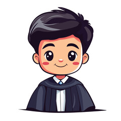 Cartoon Graduate with Shiny Black Hair and Dark Blue Graduation Gown