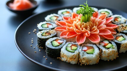 Artistically arranged sushi maki rolls with a dahlia flower center.