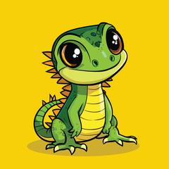 Cartoon Green Lizard with Big Eyes and Spiked Back Sitting Upright