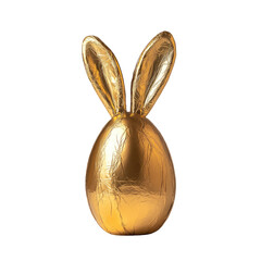 Obraz premium A golden egg-shaped object with two upright, gold rabbit ears, suggesting a festive or celebratory item. The metallic finish is reflective and slightly crinkled