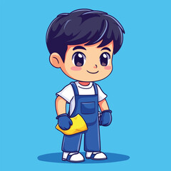 Cartoon handyman with dark hair wearing blue overalls and yellow cloth