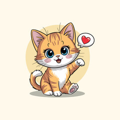Cute Cartoon Orange Tabby Kitten with Big Blue Eyes and Heart Speech Bubble Vector Illustration