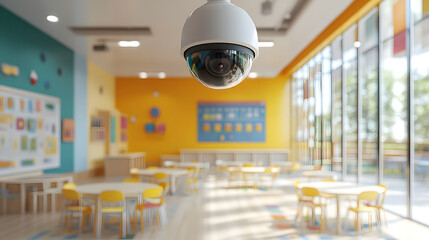 Modern cctv security camera monitoring a bright kindergarten classroom for child safety