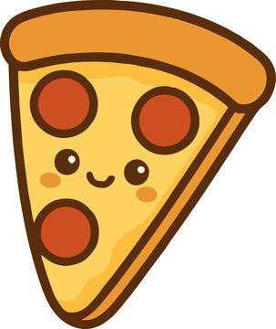 Naklejki Cute Kawaii Pizza Slice with Smiling Face and Pepperoni on Transparent Background