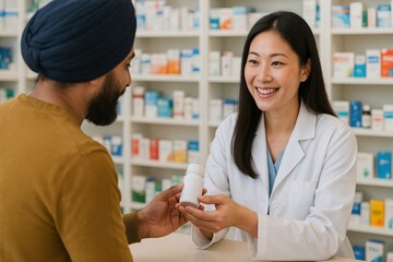 Obraz premium Pharmacist assisting patient with medication pharmacy professional interaction bright setting close-up healthcare awareness