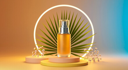 Mockup for cosmetic product, face serum on neon circle, palm branches and white flowers background