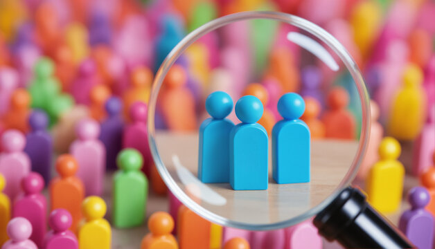 Customer Targeting Visualization - Magnifying Glass Highlighting Blue Figures Among Colorful Crowd for Market Segmentation, Loyalty Analysis, and Customer Retention Strategies