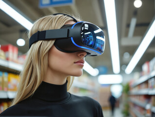 Futuristic Grocery Shopping Experience – Young Woman with VR Headset in Supermarket Aisle for Virtual Reality Shopping Applications and E-Commerce Innovation