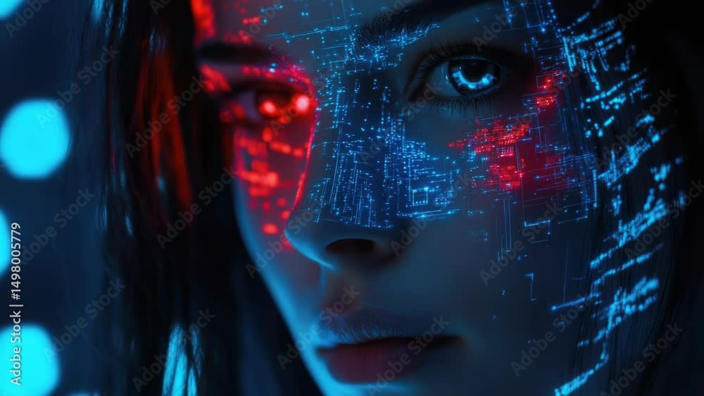 Poster a detailed view of an individual's facial features, with a futuristic design and styling
