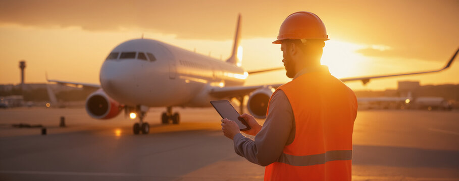 Airport Ground Staff Performing Aircraft Inspection - Aviation Safety Personnel with Digital Tablet on Tarmac for Air Travel Crew Management and Flight Attendant Day Celebrations