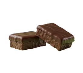 Two dark chocolate brownies, glossy glaze, slightly angled, one atop the other, isolated on black background.  Rich, fudgy texture implied