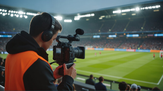 Female Sports Journalist - Professional Camera Operator Filming Soccer Match in Stadium for Sports Media Coverage, Broadcast News, and Sports Journalist Day Content