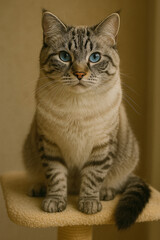 Beautiful purebred Ragdoll cat lounges in a cozy, well-decorated home, showcasing its soft fur, striking blue eyes, and calm, affectionate demeanor.