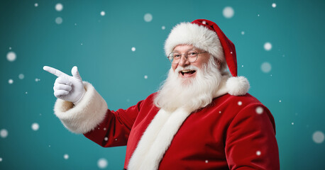 Jolly Santa Claus Pointing at Christmas Sale - Festive Holiday Character with Snowy Background for Seasonal Promotions, Retail Campaigns, and Sales Events