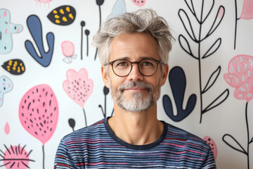 Portrait of a confident man wearing a colorful patterned top, offering a subtle smile while looking directly at the camera against a plain white background.
