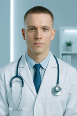 Confident young medical professional looks directly at the camera, radiating trust, competence, and warmth in a modern healthcare setting.