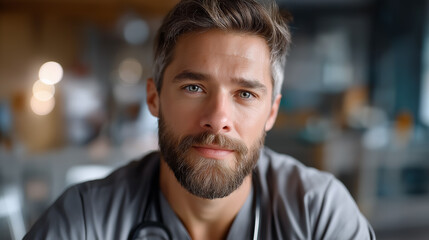 Confident young medical professional looks directly at the camera, radiating trust, competence, and warmth in a modern healthcare setting.