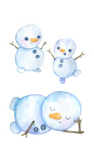 Adorable Snowmen Trio: Three charming snowmen in various playful poses, rendered in a delicate watercolor style. Perfect for winter-themed projects, cards, or decorations.