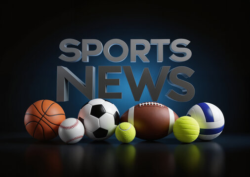 Sports News Media Concept – Multiple Sports Balls with Metallic 3D Typography for Sports Journalist Day, Team Coverage, and Athletic Media Content