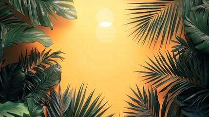Obraz premium Tropical leaves frame, yellow background, sunlit, flat lay
