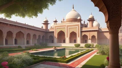 Obraz premium Cultural Heritage: Ornate Temple in a Peaceful Garden Landscape 