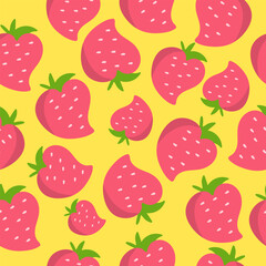 Bright seamless pattern with juicy strawberries on a yellow background. Summer berry strawberry background.