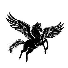 Obraz premium Winged Horse Silhouette: A dramatic, monochrome illustration depicts a powerful winged horse in mid-flight, its flowing mane and large wings conveying freedom and grace.
