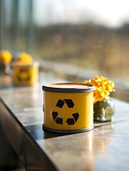 Yellow Recycling Bins on Counter